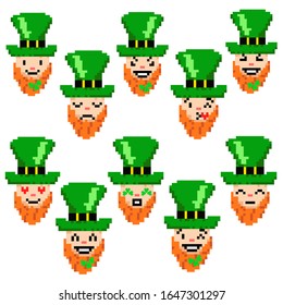 Set of pixel leprechauns smiles. Retro pop art style. 80s and 90s motifs. Saint Patrick day concept.