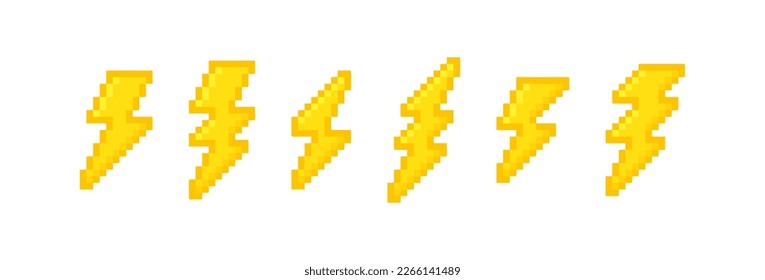 Set pixel lightning bolt. 8 bit pixel art thunderbolt, lightning strike. Vector illustration.