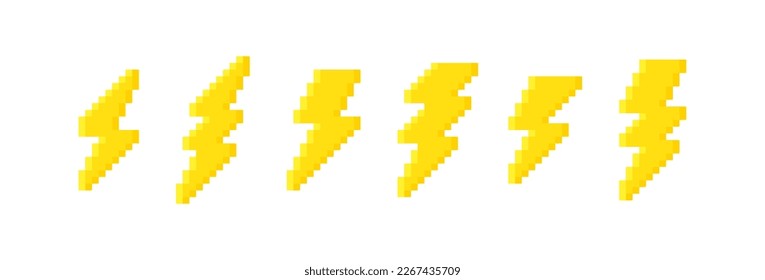 Set pixel lightning bolt. 8 bit pixel art thunderbolt, lightning strike. Vector illustration.