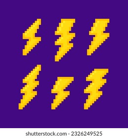 Set pixel lightning bolt isolated on violet background. 8 bit pixel art thunderbolt, lightning strike. Vector illustration.
