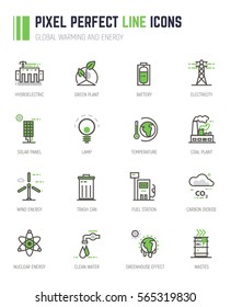 Set of pixel line icons. Alternative energy sources icons. Global warming and climate change concept. Sustainable energy.