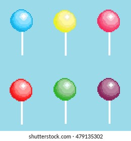 Set of pixel lollipops. Vector candy. Colorful candy. Pixel colorful candy. Vector colorful lollipops. Pixel art. Pixel caramel vector.