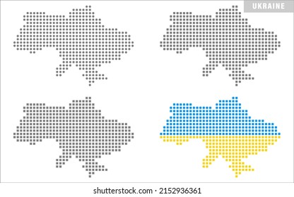 Set von Pixelkarten der Ukraine. Abstraktes quadratisches und abgerundetes Punktmuster. gepunktete Karte in nationalen Farben. Vektorgrafik.