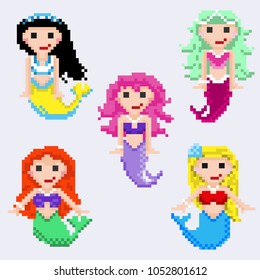 A set of pixel mermaids. Vector. Isolated on a light background. For games and mobile applications.