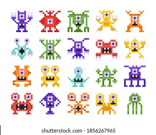 Set of Pixel Monsters, Retro Design for Computer Eight Bit Arcade Games Isolated on White Background. Collection of Aliens and Strange Creatures with Funny Faces Cartoon Vector Illustration, Icons