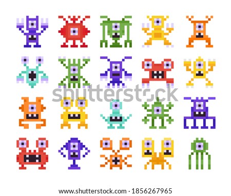 Set of Pixel Monsters, Retro Design for Computer Eight Bit Arcade Games Isolated on White Background. Collection of Aliens and Strange Creatures with Funny Faces Cartoon Vector Illustration, Icons