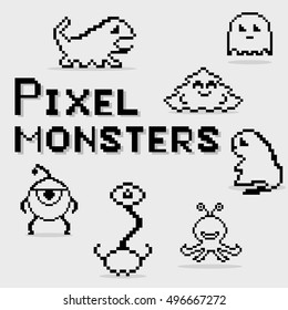 Set of pixel monsters. Vector of funny pixel monsters.Ideal for children room decoration, wrapping, cards, baby shower, banners, backgrounds.