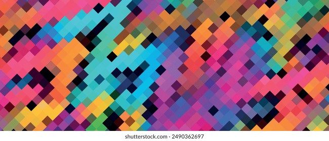 Set pixel mosaic textures with simple square particles. Vector illustration on black background.