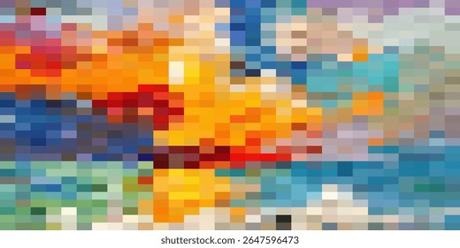 Set pixel mosaic textures with simple square particles. Vector illustration on black background.