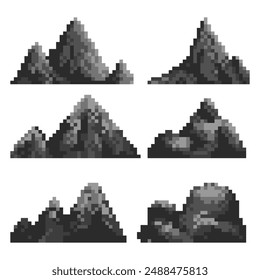 Set of pixel mountains and hills. Icons of landscape elements. Game development, mobile application. Isolated vector illustration.