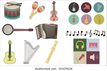 Set of pixel music instruments icons and other different pixel music icons, including notes