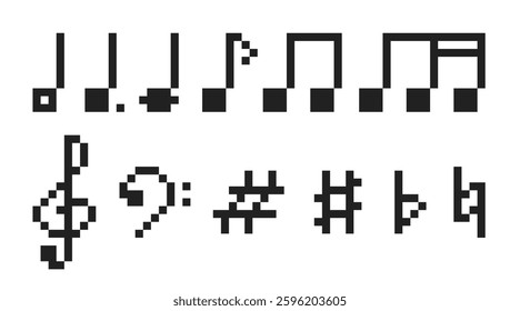Set of pixel musical signs. Vector illustration. For music applications, web design, stickers and banners.