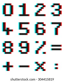 Set of pixel numbers and mathematical signs with Anaglyph 3d effect