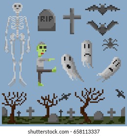 A set of pixel objects, characters and landscape elements to create a frightening atmosphere in games and mobile applications.