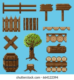 A set of pixel objects made of wood to form a landscape in games and mobile applications.