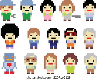 Set of pixel people, game characters, vector illustration