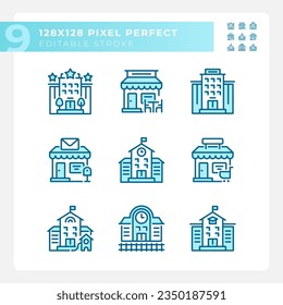 Set von Pixel perfekte blaue Symbole, die verschiedene Gebäude repräsentieren, bearbeitbare dünne Linie Illustration.