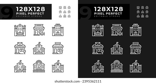 Set of pixel perfect dark and light mode icons set representing various buildings, editable thin line illustration.