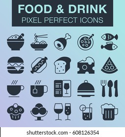 Set of pixel perfect food and drink icons for mobile apps and web design.