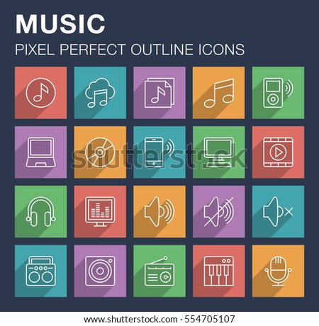 Set of pixel perfect outline music icons with long shadow. Editable stroke.