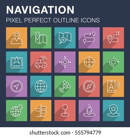 Set of pixel perfect outline navigation icons with long shadow. Editable stroke.
