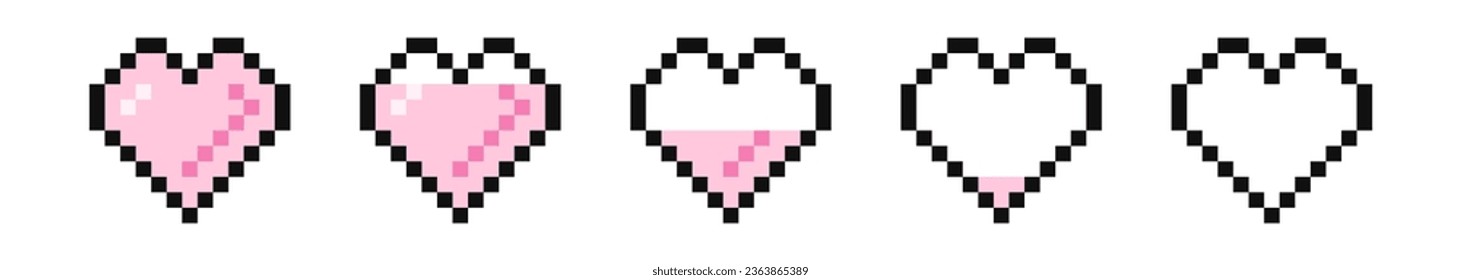 Conjunto de barra de vida de los corazones rosados de Pixel. Controlador de juegos, los símbolos establecen Videojuegos aislados en fondo blanco.