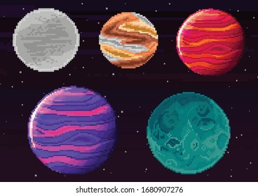 Set of pixel planets for game. Vector of starry sky in retro pixel art style. Planet, Jupiter, spaceship. Pixel art game location. 8 bit background.