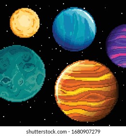 Set of pixel planets for game. Vector of starry sky in retro pixel art style. Planet, Jupiter, spaceship. Pixel art game location. 8 bit background.