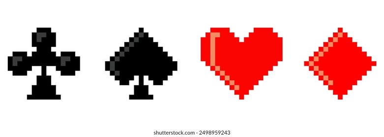 set of pixel playing card symbol, casino poker card icon club, ace, diamond, heart, clover, tile, spades, pikes