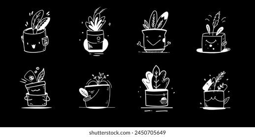 Set of pixel potted plant icons of potted plants on a black background . High quality. Collection of line art illustrations featuring various houseplants in flowerpots. The minimalist black and white