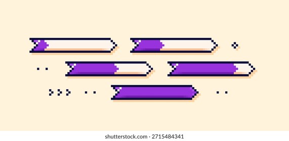 Conjunto de barras de juego en forma de flecha púrpura píxel. 