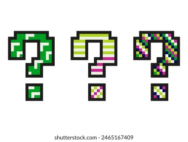 Set of pixel question marks on white background. Design for stickers, web, mobile app. Vector pixel art in 8-bit old style