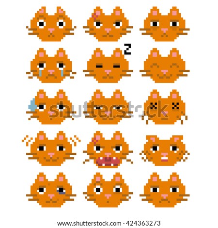 Set of pixel red cat emoticons. Collection of isolated vector smile icons.