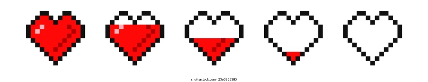 Set of Pixel red hearts game life bar. Gaming controller, symbols set Video games isolated on white background.