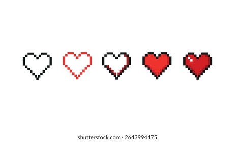 Set of pixel red hearts, pixel life level, game progress indicators in the form of red hearts on white background, love pixel heart rating, heart for Valentine's Day, Mother's Day, game life symbol