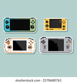 Set of pixel retro pocket console different shapes. Color in 8bit retro style. Pixelated game asset icons.