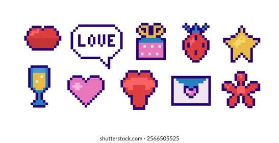 Set of pixel romantic elements.Modern trendy Y2K design , geometric figures and shapes. Pixel art. Retro decorations speech bubble, dialog box,lips, glass, heart, envelope, strawberry, star, flower