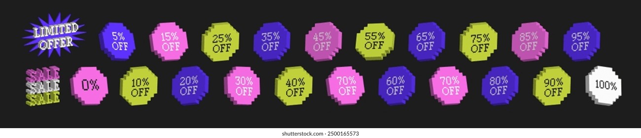 Set of Pixel Sale Stickers. Limited offer Y2k trendy style. Labelling for discount. Colorful signs with percent discount on isolated background. Promo Special offers, Futuristic offer badge, Neon
