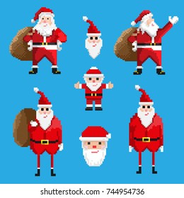 Set of pixel Santa Claus isolated on a blue background.