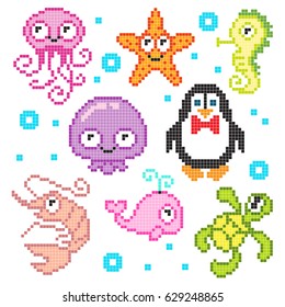 Set pixel sea animals, vector illustration