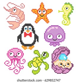Set pixel sea animals, vector illustration