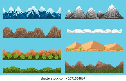 Eine Reihe von Pixelnahtlosen Elemente Landschaft mit Hügel und Bergen, um verschiedene Landschaften in Spielen und mobilen Anwendungen zu schaffen.