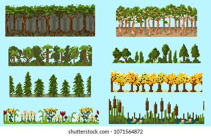 A set of pixel seamless element landscape with trees and flowers for creating different landscapes in games and mobile applications.