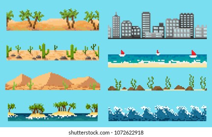 A set of pixel seamless element landscape: desert, ocean, city and other, for creating different landscapes in games and mobile applications.