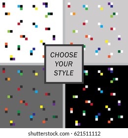 Set of pixel seamless rainbow patterns. White, grey and black background styles. Choose your personal tone of wallpaper with bright colorful squares.