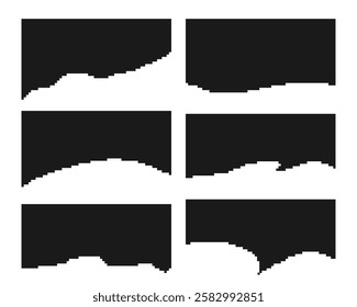 A set of pixel separators, forms for websites and mobile applications. Separators for top or bottom page. Title frame. Grunge shapes, corners, pixels