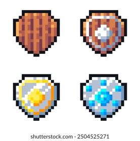 Set of pixel shields for game assets: wooden, gold and diamond shields.