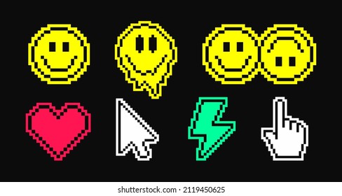 Set Of Pixel Smile Game Icons Vector Design. 8bit Vaporwave Aesthetics. Mouse Click Pointer Signs. 