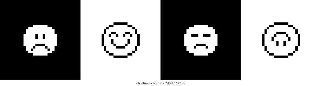 Set of pixel smile icons. Various emoji. Sad and happy faces. Pixels Y2k trendy stickers. Black and white colors. 8bit retro elements in the mood of 90's aesthetics. Vector illustration