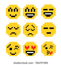 Set of pixel smiles. Retro pop art style. 80s and 90s motifs